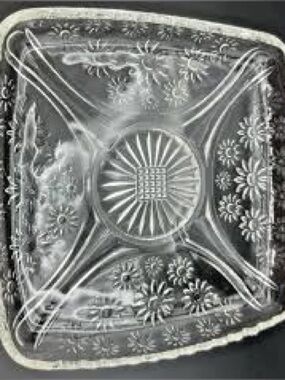 Vintage Hazel Atlas Depression Glass Square Floral Serving Bowl Dish Clear